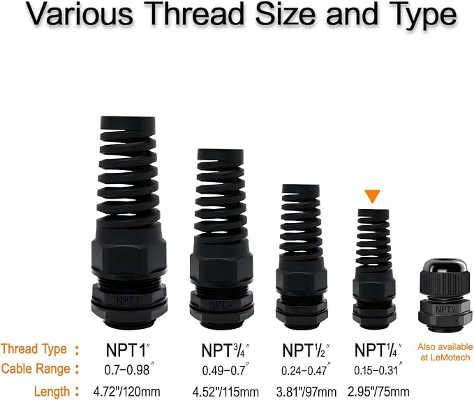 10Pcs NPT 1/4" IP68 Waterproof Cable Gland Flex Spiral Strain Relief Black - Image 6