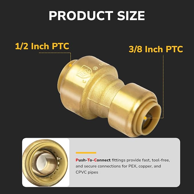 Push-Fit Reducing Coupling, 1/2" to 3/8" Brass Plumbing Fitting - Image 2