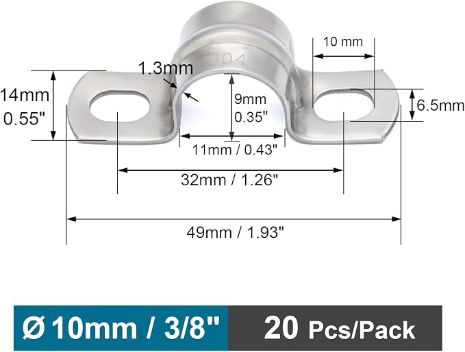 20 pcs 3/8" Conduit Clamps 304 SS Heavy Duty U-tube Clamp 2-holes Pipe Bracket - Image 2