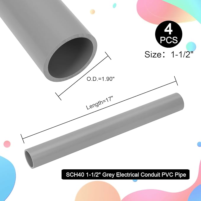 4Pcs 1-1/2 Inch Grey Electrical Conduit PVC Pipe 17" Long Sch40 PVC Rigid Tube - Image 3