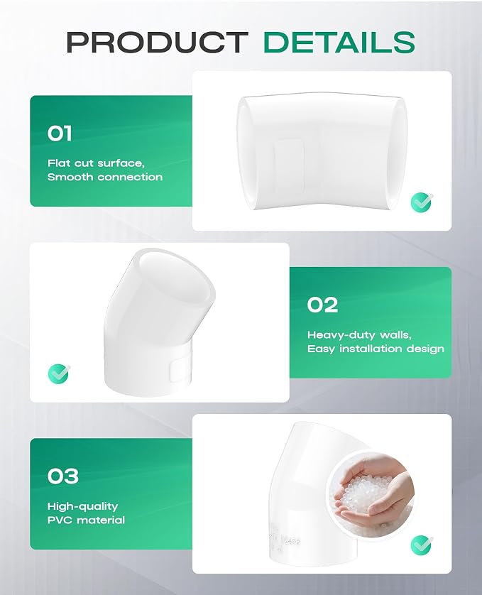 4-Pack 1-1/2 Inch 45 Degree PVC Elbow Pipe Fittings, Furniture Grade SCH40 PVC - Image 6