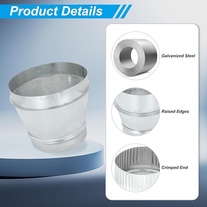PATIKIL 9 Inch to 7 Inch Duct Reducer, Galvanized Steel Round Air Duct Reducer - Image 3