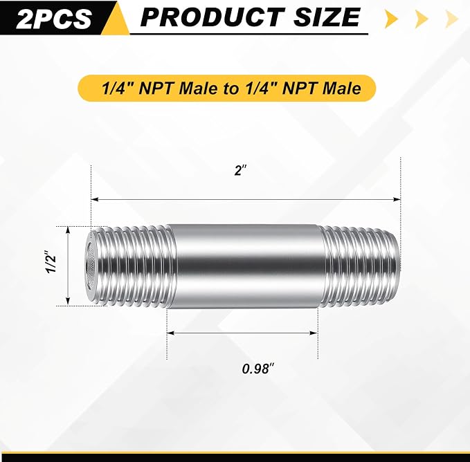2 Pcs 304 Stainless Steel Pipe Fittings 1/4" NPT x 1/4" NPT Male Threaded 2" - Image 2