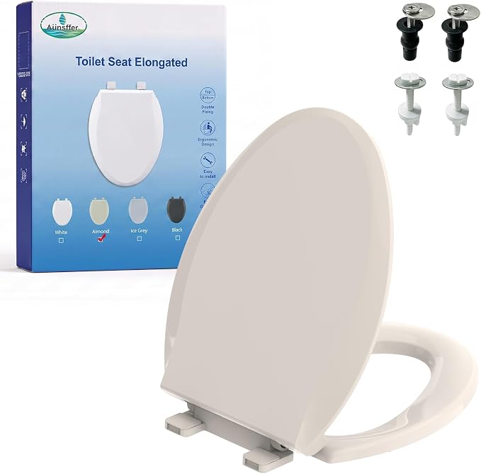 Almond Elongated Toilet Seat, 18.5 x 14.2 Inch Durable Plastic Toilet Seat by A%C3%BCnsffer