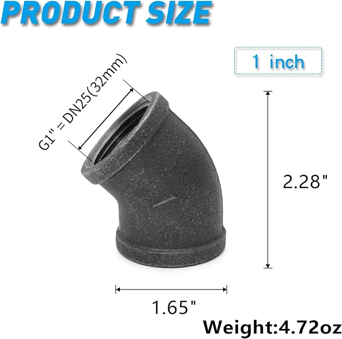 1" 45-degree elbow, Home TZH 20 Pack Female Threaded 45-degree Malleable Cast - Image 2