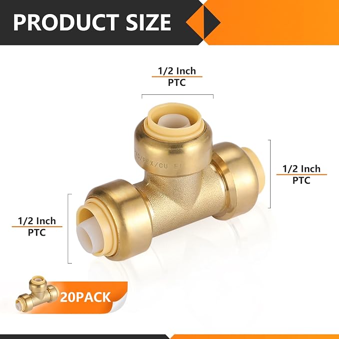 20PC HeSun 1/2" Pushfit Tee, Push to Connect Plumbing Fittings | Brass Push-fit - Image 2