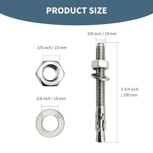 3/8" x3-3/4 304 Stainless Steel Wedge Concrete Anchors, Heavy Duty Expansion - Image 2