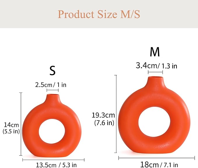 Orange Ceramic Donut Vase Set of 2, Hollow Round Matte Pampas Flower Vases - Image 6