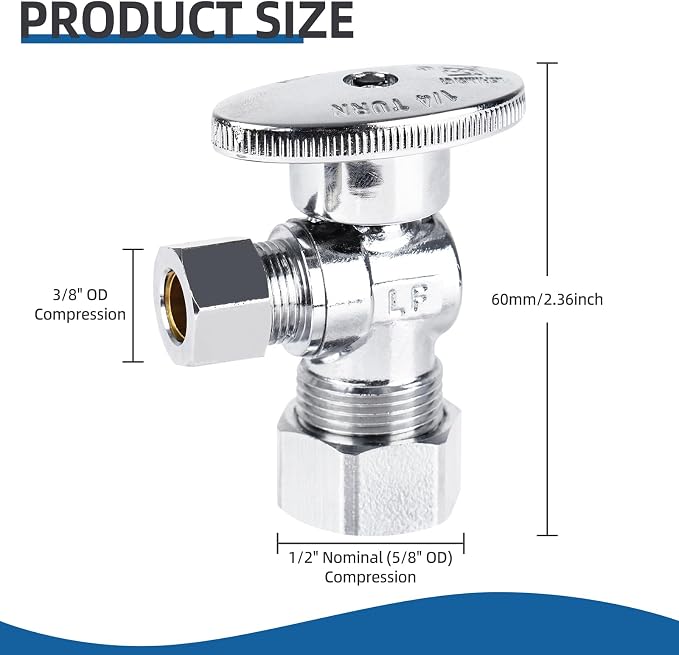 BH Angle Stop Valve 1/2" Nominal Compression x 3/8" OD, 1/4-Turn Shut Off Valve - Image 5