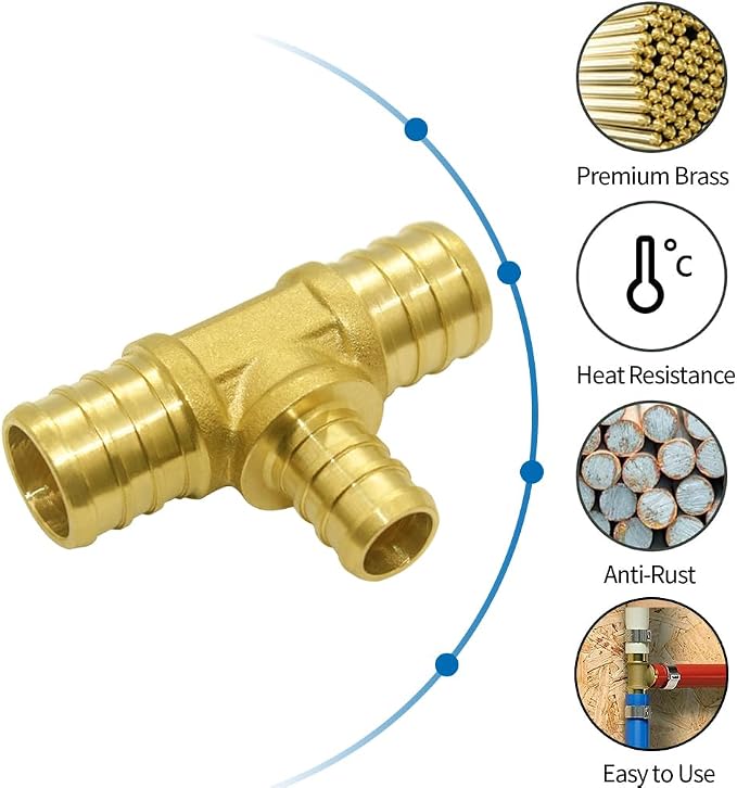 Hooshing 6PCS 3/4" x 3/4" x 1/2" Pex Reducing Tee Fittings, Brass Barb Crimp - Image 2