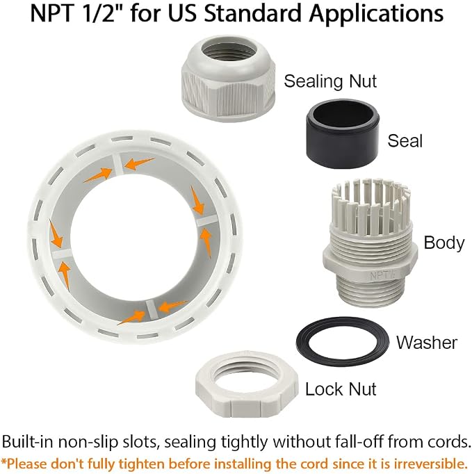 10 Pack NPT 1/2" Cable Glands Waterproof Adjustable 6-12mm Cable Connectors - Image 4