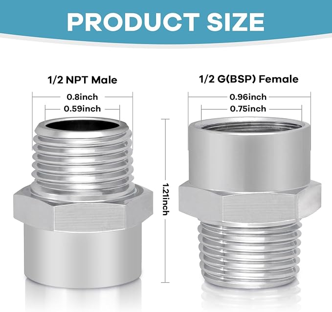 Brass 1/2" G Female to 1/2" NPT Male Adapter, Pipe Fitting Connector, G to NPT - Image 2