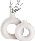 White Ceramic Donut Vase Set of 2, Big Hollow Round Matte Pampas Flower Vases by Hanaomaoyi