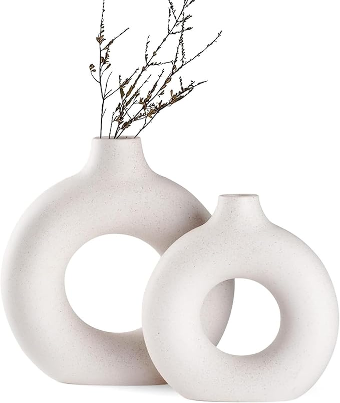 White Ceramic Donut Vase Set of 2, Big Hollow Round Matte Pampas Flower Vases by Hanaomaoyi