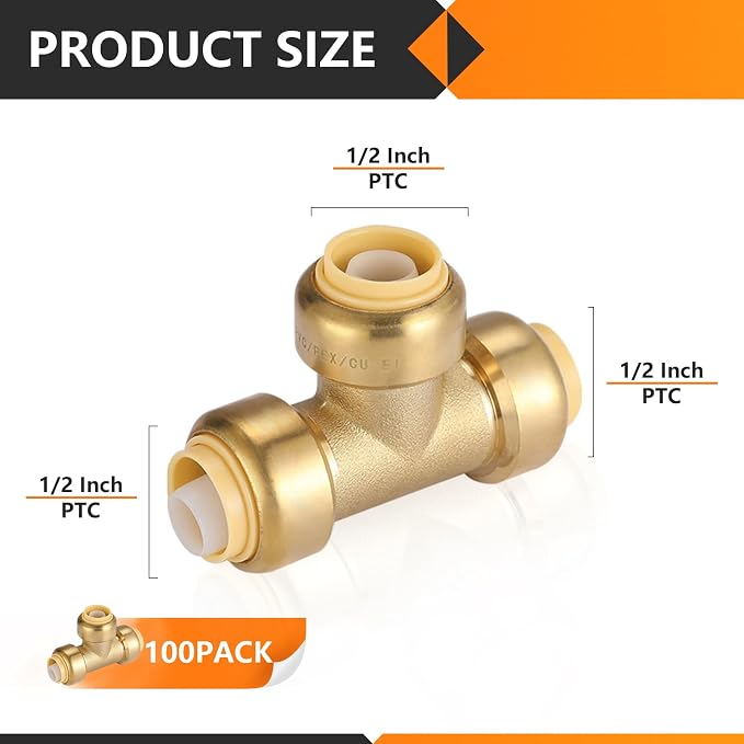 100PC HeSun 1/2" Pushfit Tee, Push to Connect Plumbing Fittings | Brass - Image 2