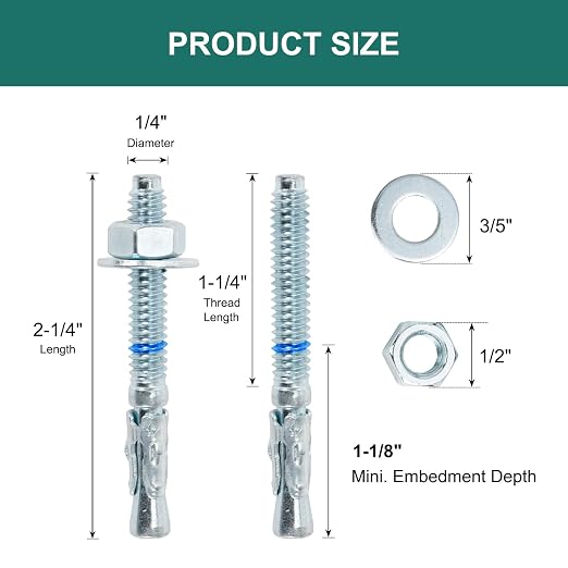 1/4" x 2-1/4" Concrete Anchors 1/4 inch Wedge Anchors Bolts Zinc Plated - Image 2