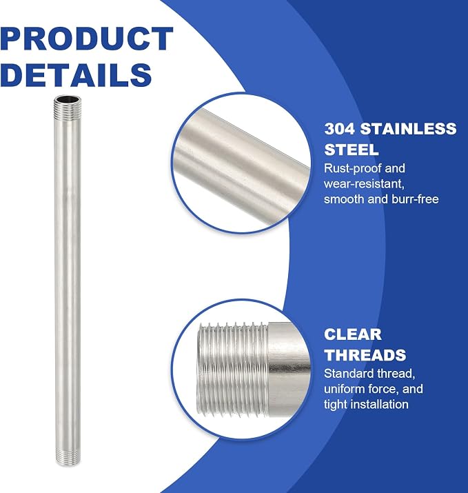 PATIKIL 304 Stainless Steel Pipe Fitting, 2 Pack 1/2" BSP Male x 1/2" BSP Male - Image 4