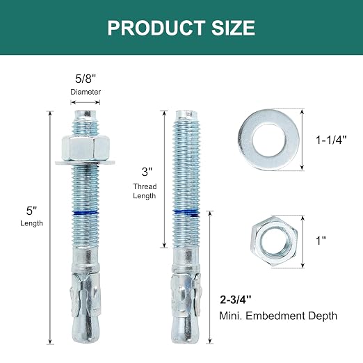 5/8" x 5" Concrete Anchors 5/8 inch Wedge Anchors Bolts Zinc Plated - Image 2