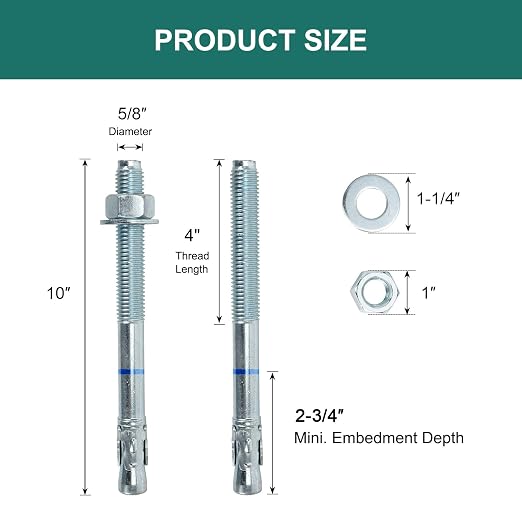 5/8" x 10" Concrete Anchors 5/8 inch Wedge Anchors Bolts Zinc Plated - Image 2