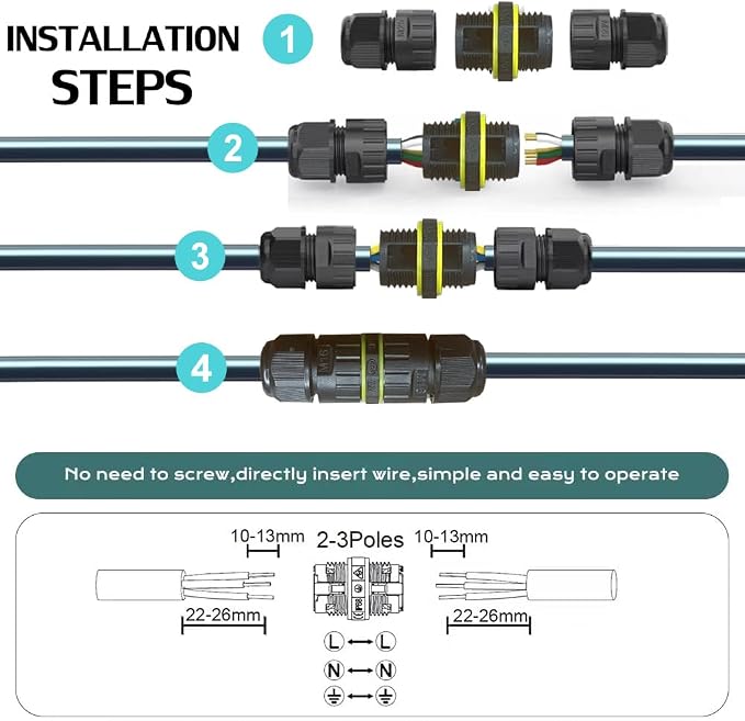 IP68 Waterproof 2Way 3pin Junction Box Electrical Cable Connector, 5 Pack 17.5A - Image 2