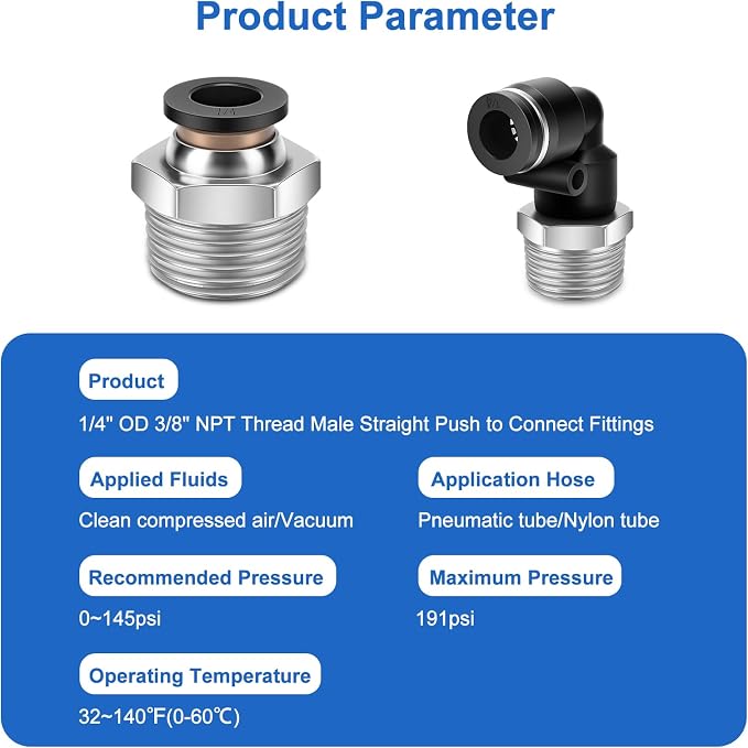 CNAODUN 12 Pcs Push to Connect Fittings 1/4 Inch Tube OD x 3/8 Inch NPT Thread - Image 2
