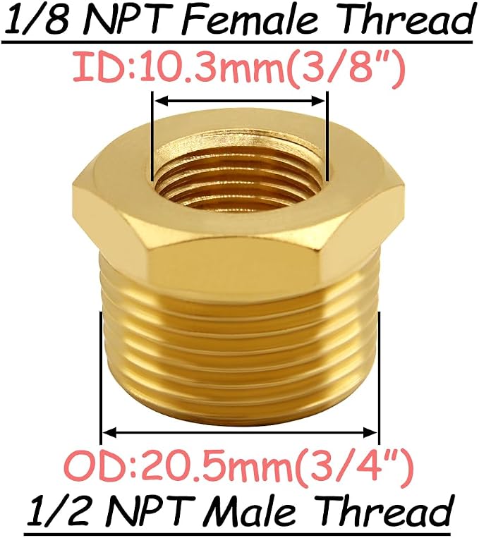 Uenede Brass 1/2" NPT Male to 1/8" NPT Female Reducer Bushing - Image 2