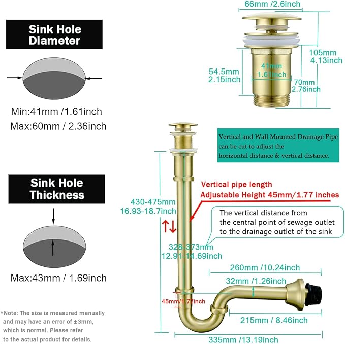 Brass P Trap with Pop Up Drain Stopper, U-Shape 1 1/4 Slip Joint Extension Tub - Image 2