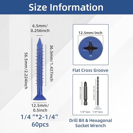 60Pcs 1/4" x 2-1/4”Concrete Screws - Image 2