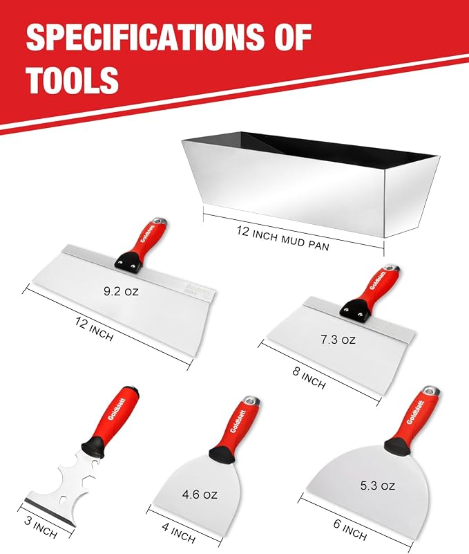 Goldblatt Drywall Hand Tool Kit | 14 in 1, 6 Pieces Stainless Steel Joint Knife - Image 5