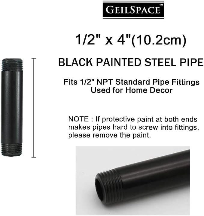 6 Pack 1/2" × 4" Pre-Cut Black Metal Pipe, Industrial Steel Fits Standard Half - Image 2