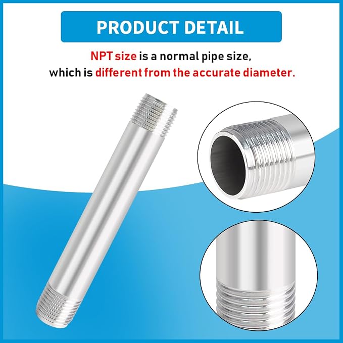 Quickun 304 Stainless Steel Nipple Pipe Fitting, 3/4" NPT x 3/4" NPT Male - Image 4