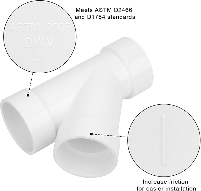 3" PVC 45 Degree Wye DWV Pipe Fittings SCH40 PVC DWV Sanitary Y-TEE Pipe - Image 4