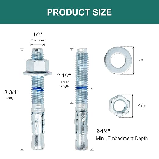 1/2" x 3-3/4" Concrete Anchors 1/2 inch Wedge Anchors Bolts Zinc Plated - Image 2