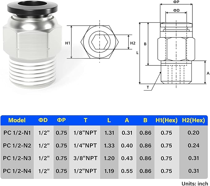 TAILONZ PNEUMATIC Male Straight 1/2 Inch Tube OD x 3/8 Inch NPT Thread Push to - Image 2