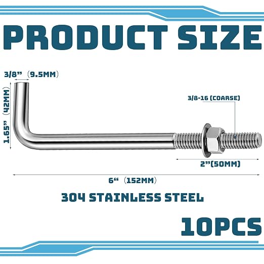 Yaocom 10 Pcs Anchors Bolts 3/8-16 x 6 Inches 304 Stainless Steel Concrete J - Image 2