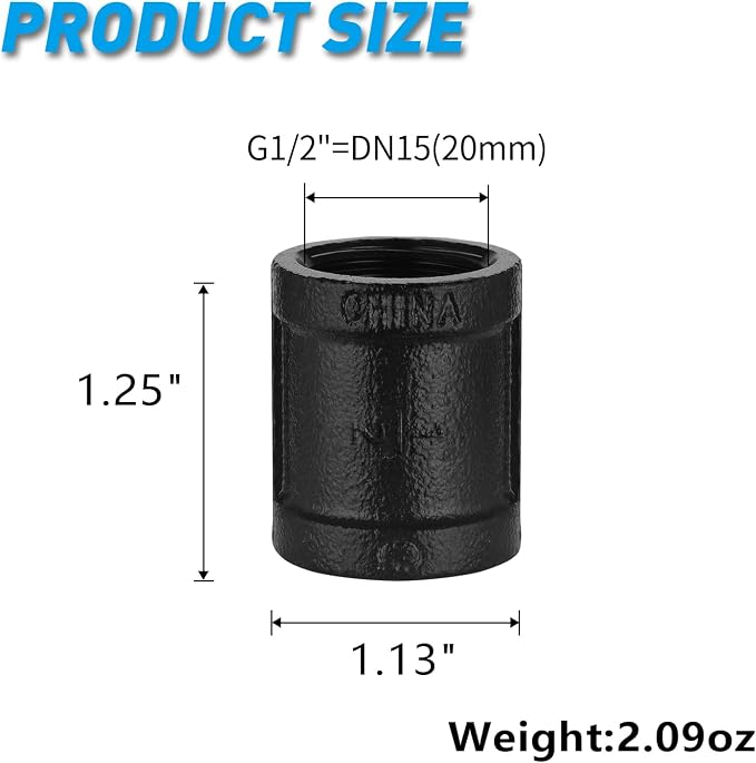 1/2" Black Painted Coupling, Home TZH 10 Pack 1/2" Female Threaded Cast Iron - Image 2