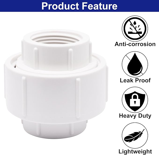 3/4 inch PVC Pipe Union Fittings, PVC Connectors Female Thread Coupling - Image 4