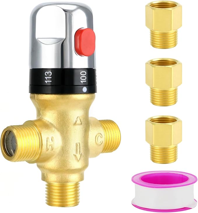 QWORK Thermostatic Mixing Valve, Solid Brass Pipe Water Valve by QWORK