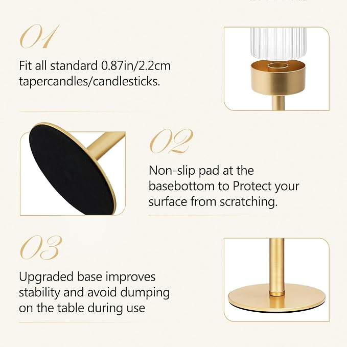 Glass Hurricane Candlestick Holders Gold, KSWING Set of 3 Taper Candle Holders - Image 7