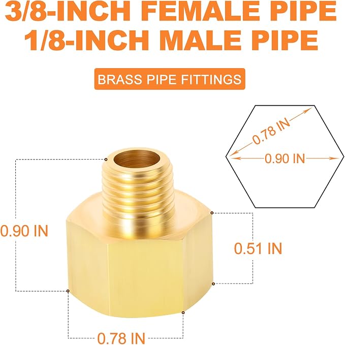 GASHER 5PCS Brass Pipe Fitting, 1/8-Inch Male Pipe x 3/8-Inch Female Pipe - Image 4