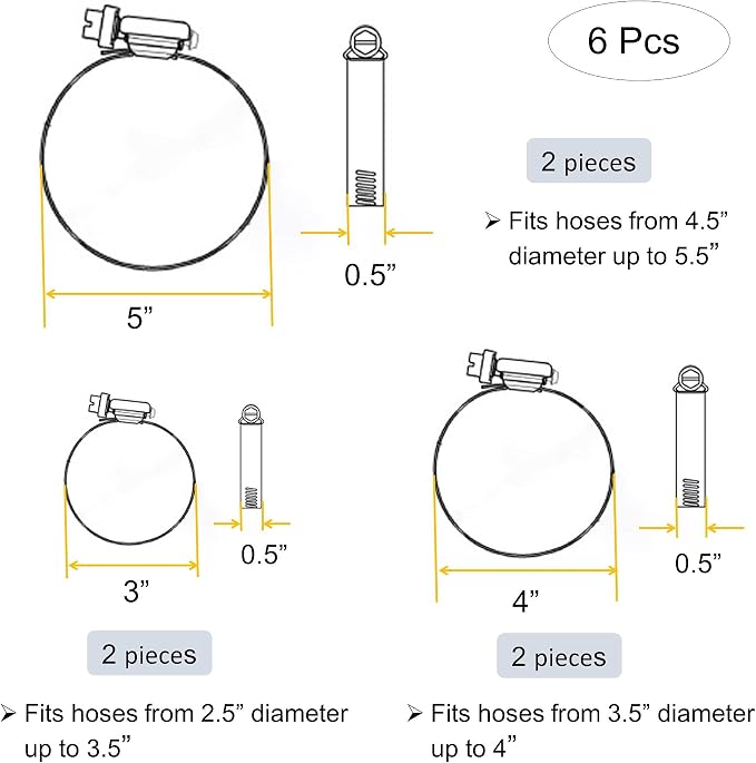 3" 4” 5" Adjustable 304 Stainless Steel Duct Clamps | Hose Clamps Assortment Kit - Image 4