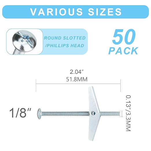 50 Pcs 1/8 Inch Heavy Duty Metal Drywall Anchors Kit | Toggle Bolts and Wing - Image 2