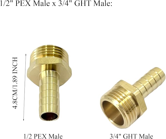 2 Pcs 1/2" PEX Male x 3/4" GHT Male Connector, Brass Pex to GHT Fitting Hose - Image 2