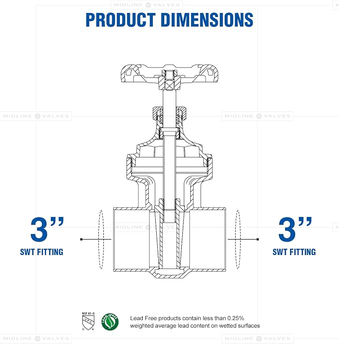 Midline Valve 427D225-5 Gate Valve, Lead Free, 3 in. Sweat Connection, Cast - Image 3