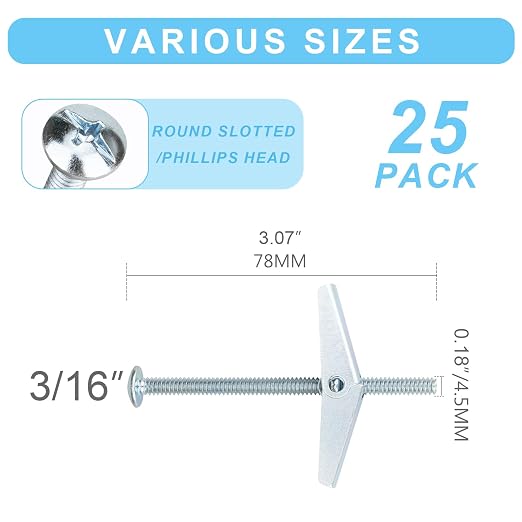 25 Pcs 3/16 Inch Toggle Bolts Heavy Duty Metal Drywall Anchors Kit | Dry Wall - Image 2
