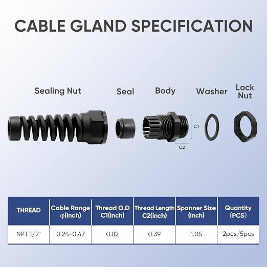 Strain Relief Cord Connector, LISTENJIALE 5Pcs NPT 1/2" Waterproof Cable Gland - Image 2