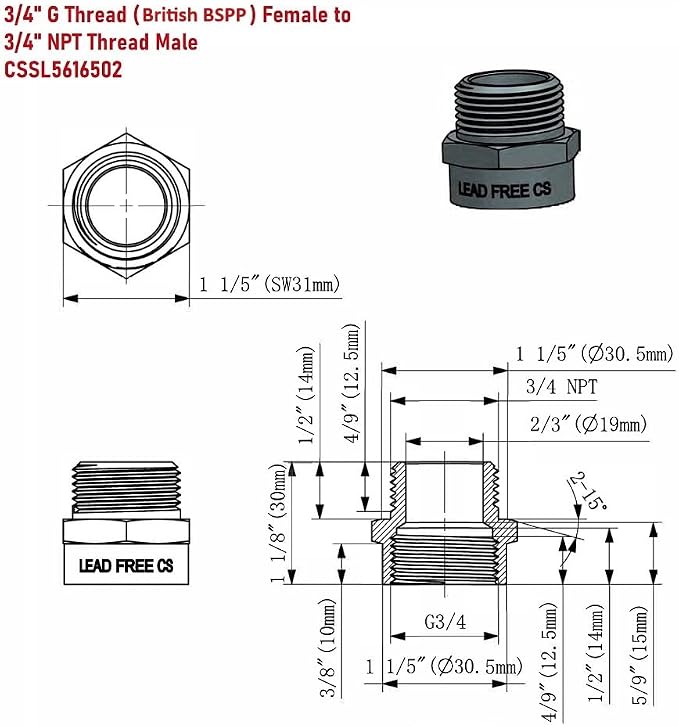 G Thread 3/4" Female to NPT Thread 3/4" Male Pipe Fitting Adapter - Image 2