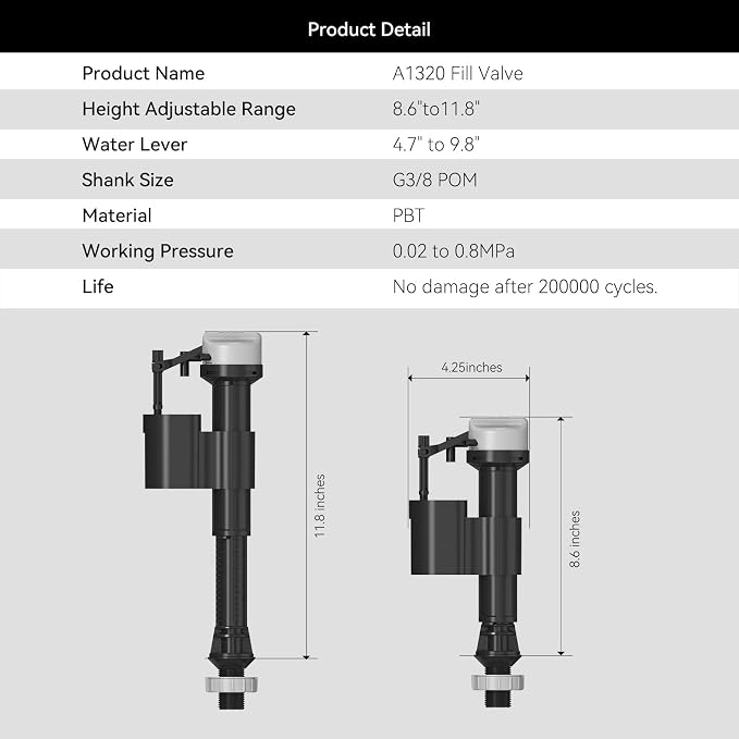 R&T Toilet Fill Valve A1250, Toilet Repair Kit Inside Tank, Universal Toilet - Image 9
