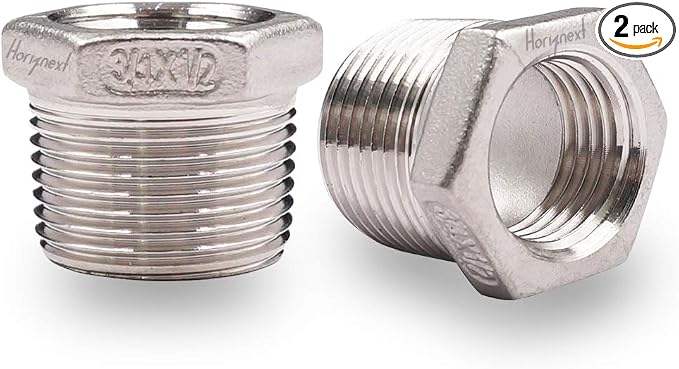 3/4 NPT Male x 1/2 NPT Female Stainless Steel Hex Bushing, 2 Pack | Reducing by Horiznext