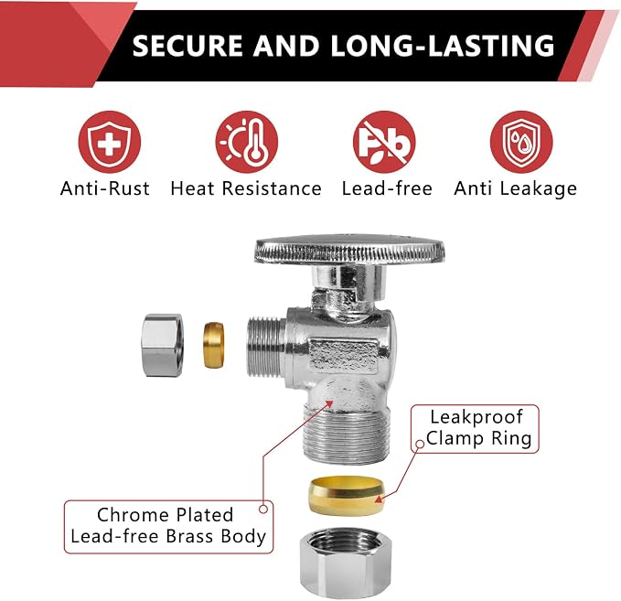 2PCS EFIELD Angle Stop Valve 1/2" Nominal Compression x 3/8" OD | 1/4 Turn - Image 5